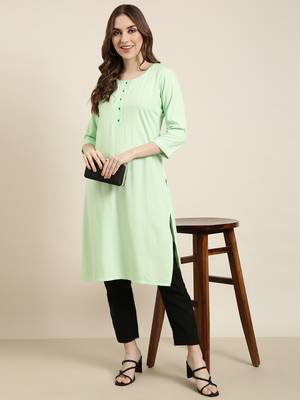 women's calf length round neck green solid straight kurta 1