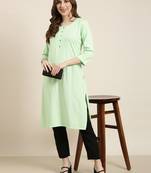 women's calf length round neck green solid straight kurta