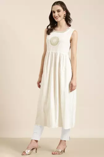 women's ankle length round neck off white solid anarkali kurta