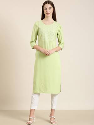 women's calf length round neck lime green solid straight kurta 2
