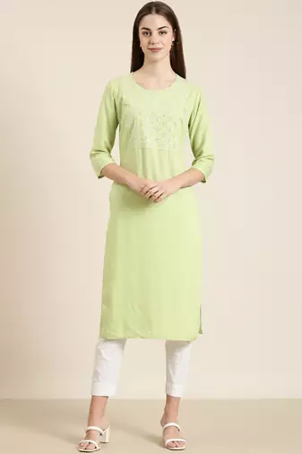 women's calf length round neck lime green solid straight kurta