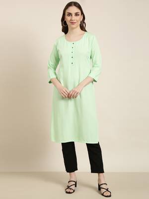 women's calf length round neck green solid straight kurta 2