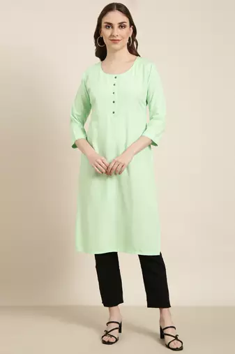 women's calf length round neck green solid straight kurta