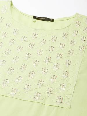 women's calf length round neck lime green solid straight kurta 3