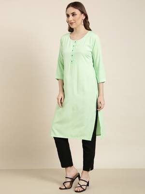 women's calf length round neck green solid straight kurta 3