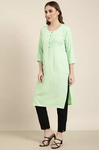 women's calf length round neck green solid straight kurta