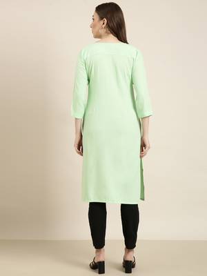 women's calf length round neck green solid straight kurta 4