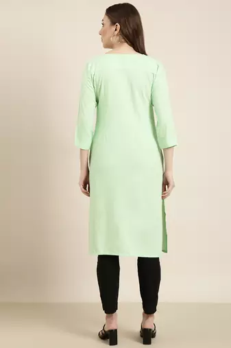 women's calf length round neck green solid straight kurta