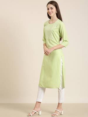 women's calf length round neck lime green solid straight kurta 4