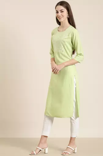 women's calf length round neck lime green solid straight kurta
