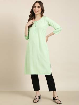 women's calf length round neck green solid straight kurta 5