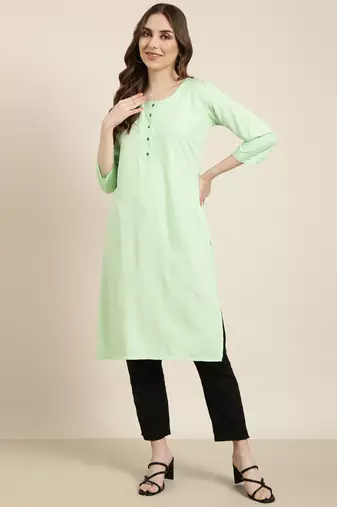 women's calf length round neck green solid straight kurta