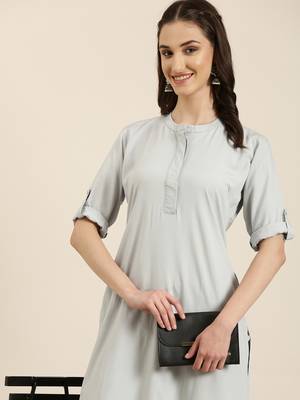 women's knee length mandarin collar grey solid straight kurta 2