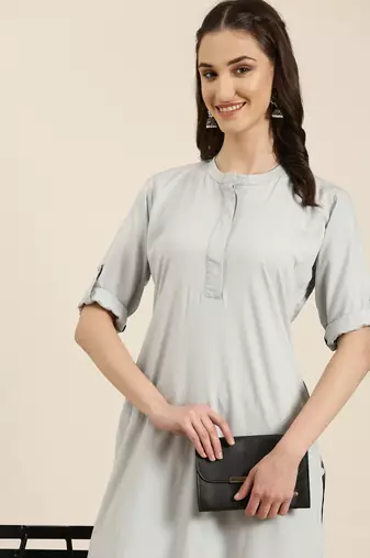 women's knee length mandarin collar grey solid straight kurta