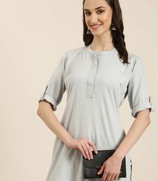 women's knee length mandarin collar grey solid straight kurta