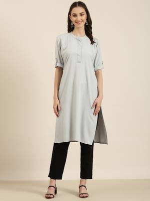 women's knee length mandarin collar grey solid straight kurta 1