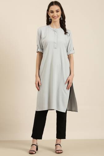 women's knee length mandarin collar grey solid straight kurta