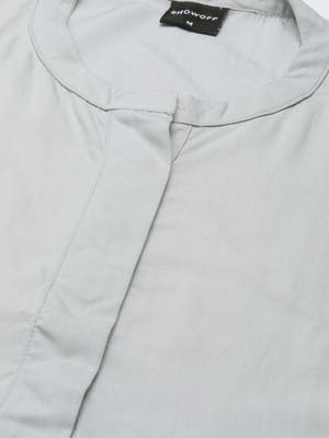 women's knee length mandarin collar grey solid straight kurta 3