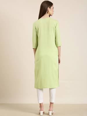 women's calf length round neck lime green solid straight kurta 5
