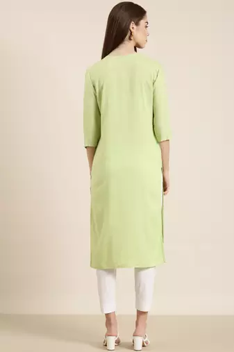 women's calf length round neck lime green solid straight kurta