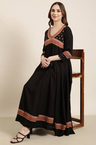 women's ankle length v-neck black embellished anarkali kurta