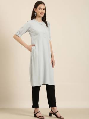 women's knee length mandarin collar grey solid straight kurta 4