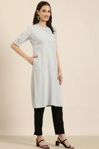 women's knee length mandarin collar grey solid straight kurta
