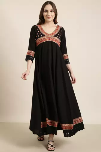 women's ankle length v-neck black embellished anarkali kurta