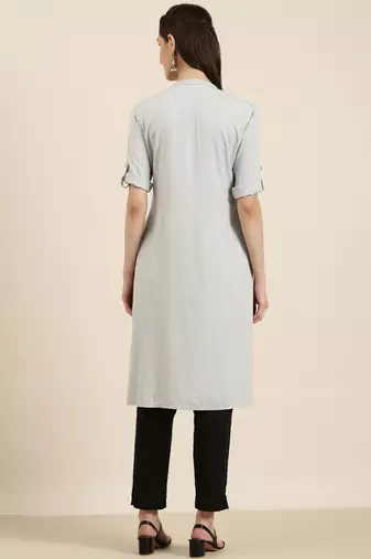 women's knee length mandarin collar grey solid straight kurta