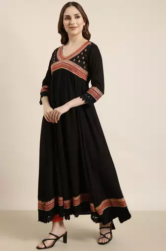 women's ankle length v-neck black embellished anarkali kurta