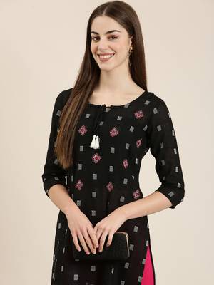 women's knee length tie-up neck black woven design straight kurta 1