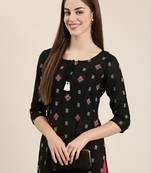 women's knee length tie-up neck black woven design straight kurta