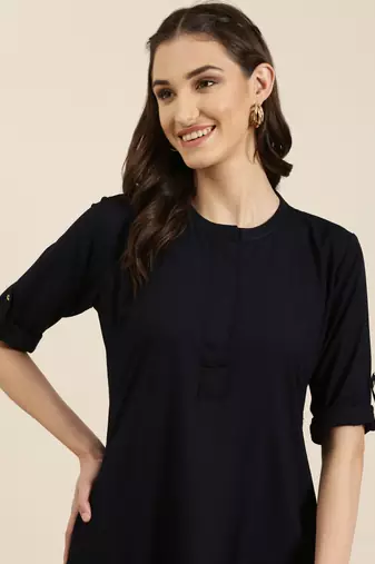 women's knee length mandarin collar navy blue solid straight kurta
