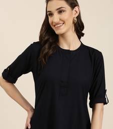 women's knee length mandarin collar navy blue solid straight kurta