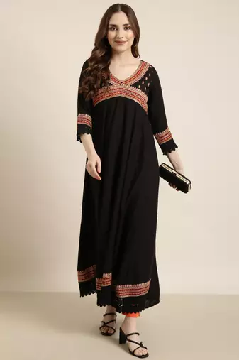 women's ankle length v-neck black embellished anarkali kurta