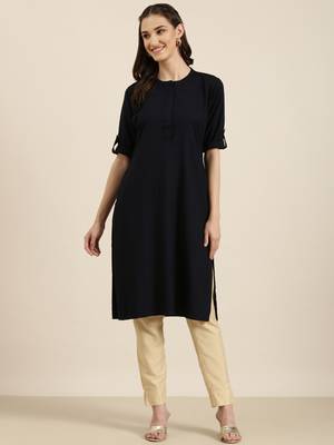 women's knee length mandarin collar navy blue solid straight kurta 1