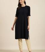 women's knee length mandarin collar navy blue solid straight kurta