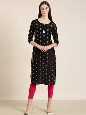 women's knee length tie-up neck black woven design straight kurta 2