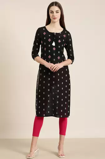 women's knee length tie-up neck black woven design straight kurta