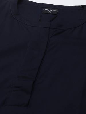 women's knee length mandarin collar navy blue solid straight kurta 3