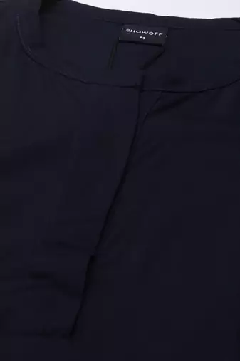 women's knee length mandarin collar navy blue solid straight kurta