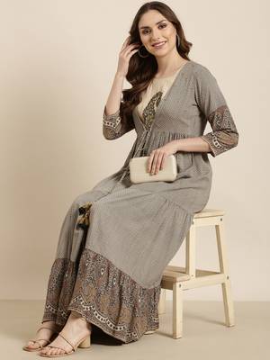 women's calf length round neck beige ethnic motifs anarkali kurta 1