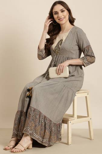 women's calf length round neck beige ethnic motifs anarkali kurta