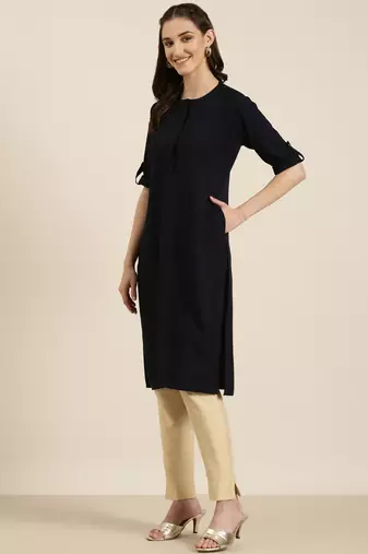 women's knee length mandarin collar navy blue solid straight kurta