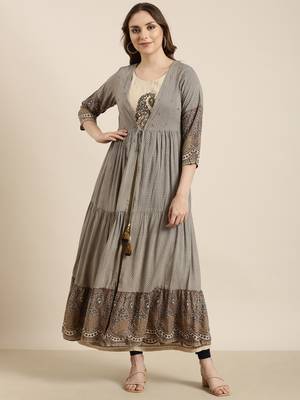women's calf length round neck beige ethnic motifs anarkali kurta 2