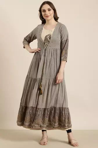 women's calf length round neck beige ethnic motifs anarkali kurta