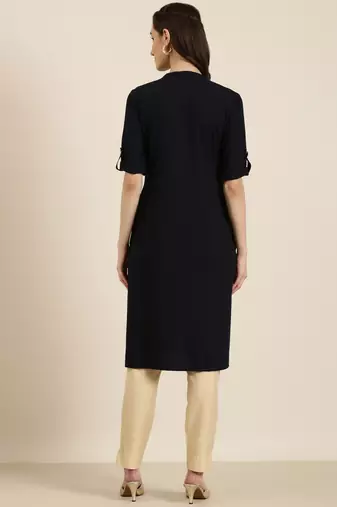 women's knee length mandarin collar navy blue solid straight kurta