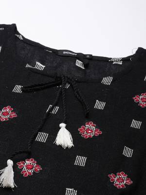 women's knee length tie-up neck black woven design straight kurta 3
