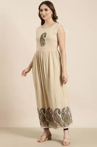 women's calf length round neck beige ethnic motifs anarkali kurta
