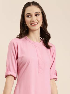 women's knee length mandarin collar pink solid straight kurta 1